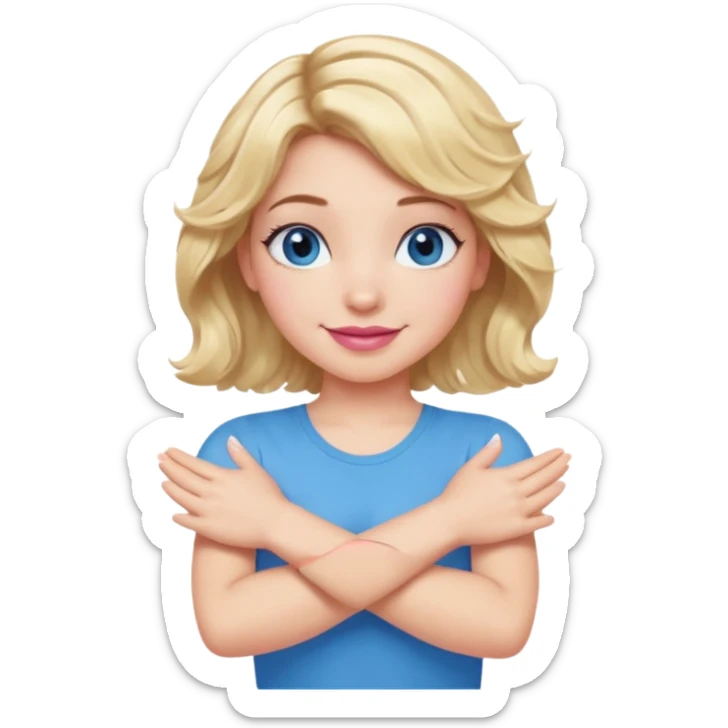 Girl Blonde short wavy hair,  blue eyes, cute blue top, long lashes, pink lips, smiling, making cross arms X with arms  sticker