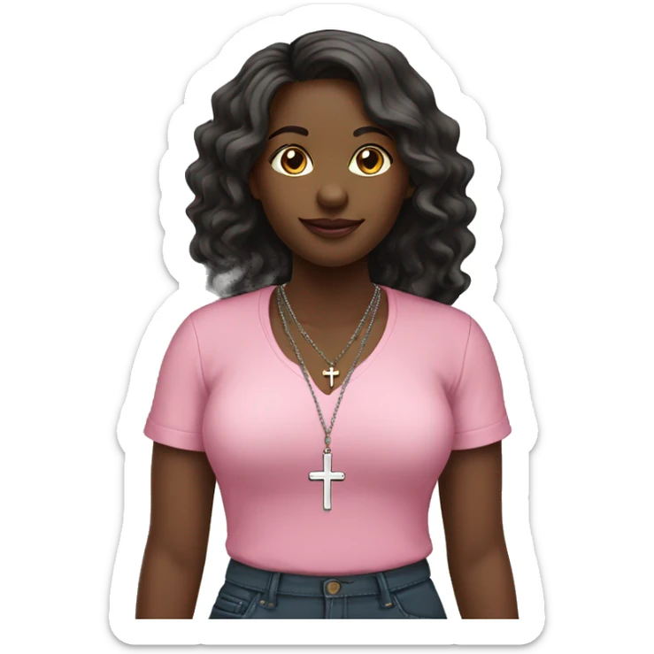 Full body christian black female pink shirt long wavy with cross necklace  sticker