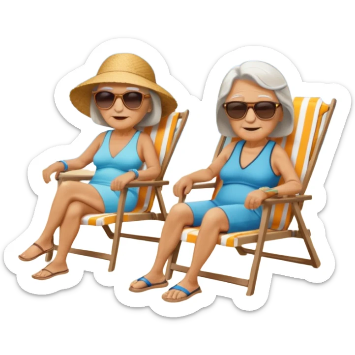 an emoji that shows elderly one woman and one man, both are retired and are lying in sun-chairs at the beach to recover from retiring-stress sticker