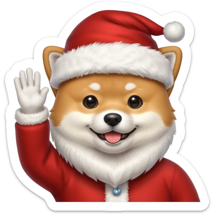 shiba inu wearing santa hat with grey beard like santa waving hi sticker