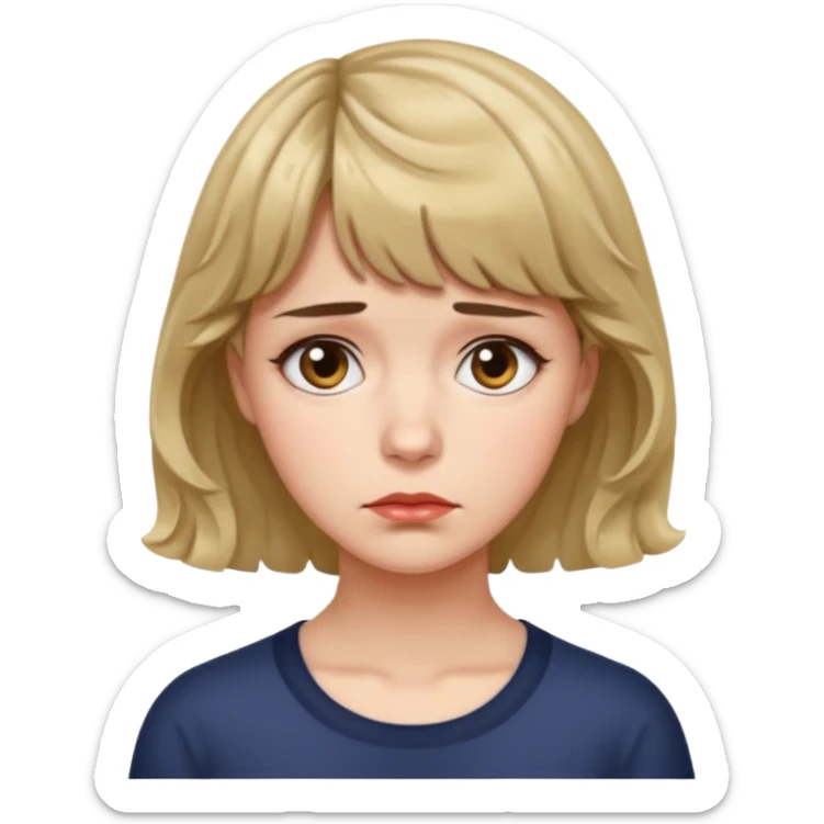 quero que você cria uma mulher, o rosto dela. nela, ela tem cabelo curto e ondulado, tem franja e ela tem semblante triste sticker