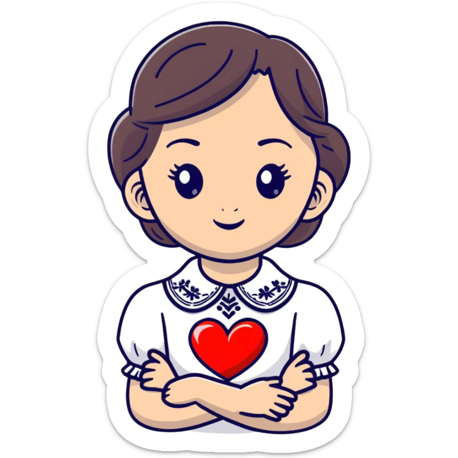 beautiful young girl wearing a white Ukrainian embroidered shirt with a big heart sticker