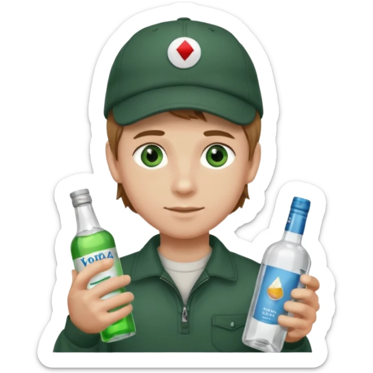 garçon avec yeux vert foncé qui a une puff 16k jnr à l’un main et une bouteille de vodka à la main avec une coupe casquette et les cheveux chatin clair  sticker
