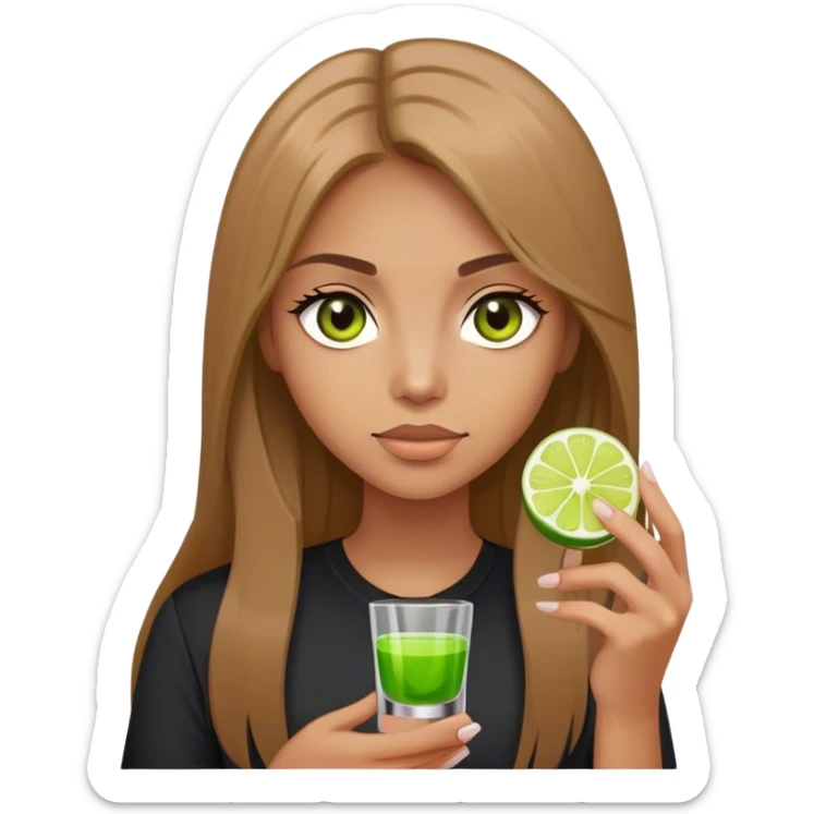 tan woman, black shirt, long light brown straight hair, grey eyes, holding a shot with lime sticker