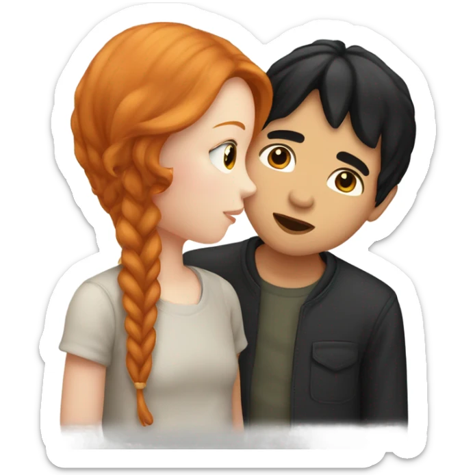 pale girl with ginger hair kissing a boy with black hair and asian-turkish looking guy on the cheeks  sticker