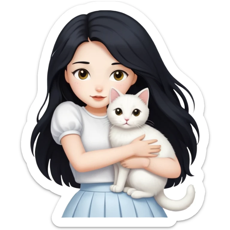 A beautiful girl with long black hair wearing a white skirt holds a cute white cat in her arms sticker