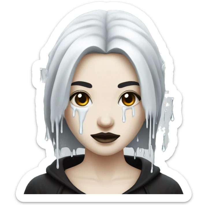 white goth women with long black hair with white sticky flour water dripping off her sticker