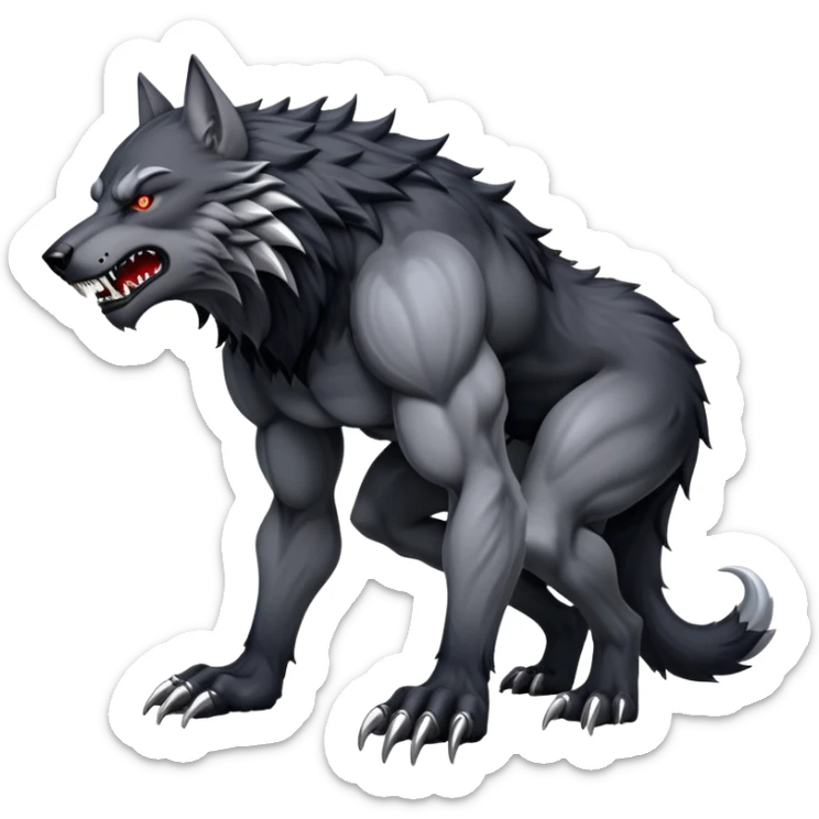 cinematic-noble-fierce-werewolf-full body on all fours-emoji, poised-and-imposing, with a tall, lean, and muscular wolfish frame inspired by the brutal, imposing shape of the beast from Berserk, fur rippling in shades of midnight black and silver, massive paws with razor-sharp claws, elongated limbs and fangs, eyes glowing with an intense, primal ferocity, reflecting the untamed power of the wild moonlit night; rendered with realism like a wolf hunched over sticker