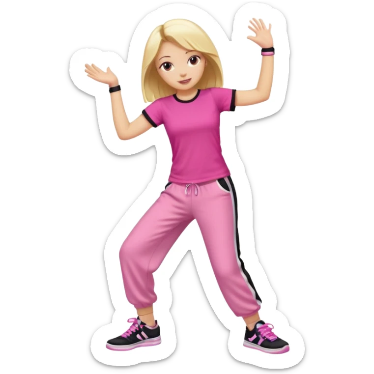 Hiphop dancer, with cute big pants, sneakers, and t-shirt. White girl blond. Coloufull shirt. No pocket pants. Dancing. No orange. Pink and black sticker