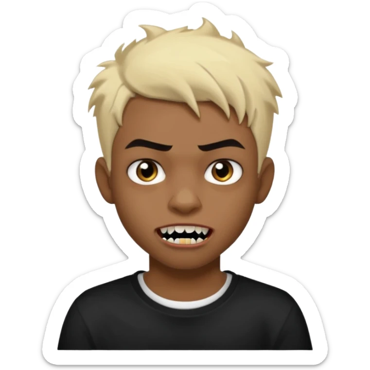 Black Male Teenager with Short punk messy blonde hair, Dark brown bushy eyebrows large expressive golden-brown eyes, wearing a plain white t-shirt, Dark Brown skin color. vampire tooth sticker