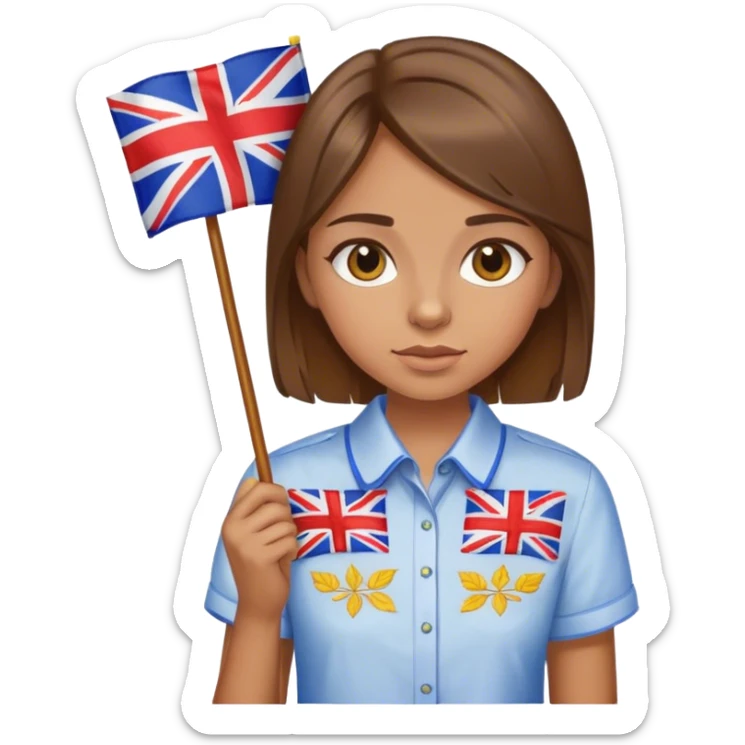 A Ukrainian girl with brown hair wearing an embroidered shirt holds a British flag sticker