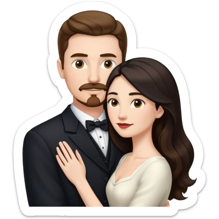 married couple portrait, tall white man with brown hair goatee mustache embracing a pale woman with long black hair, wearing formal clothing sticker