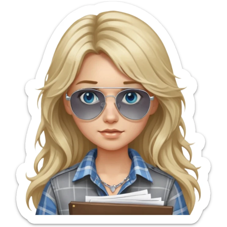 girl with long blond messy hair wearing grey plaid shirt with blue eyes and aviator sunglasses wearing a ring on her silver necklace, holding lawyer papers sticker