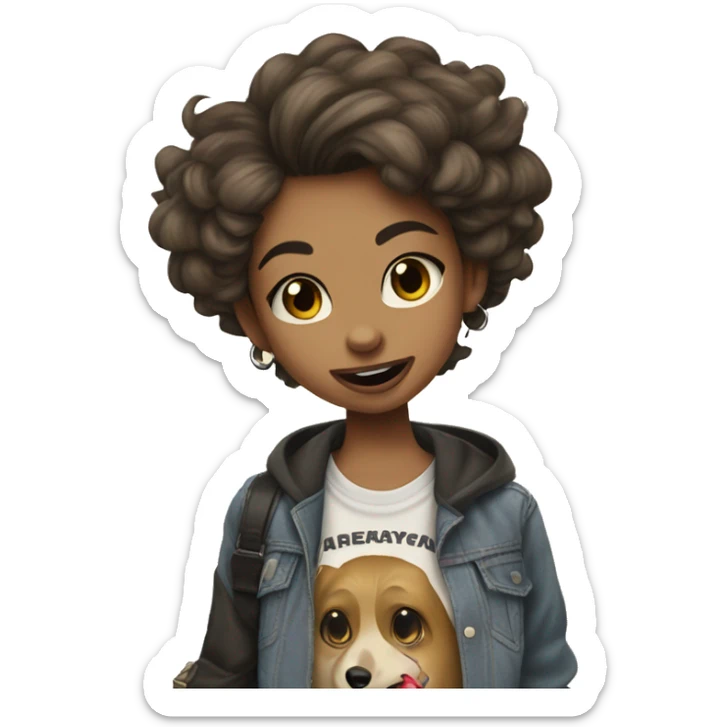 A GIRL WEARING GRUNGE FASHION SKATEBOARDING AND DOING A COOL TRICK WITH PEAE SIGN AND TOUNGUE OUT AND SHE HAS A WOLF HAIRCUT BROWN EYES AND TAN SKIN TONE sticker