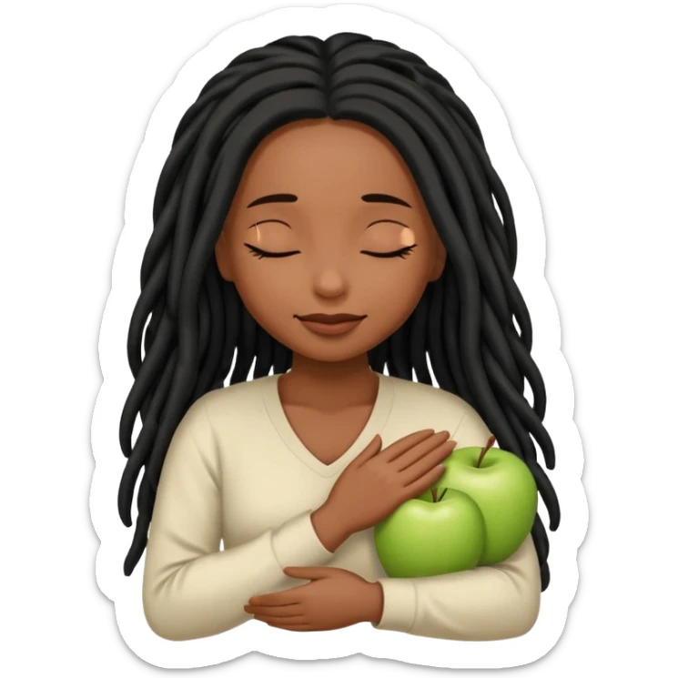 Soft feminine emoji with deep brown skin (Apple’s darkest), long black locs, eyes closed, gently cradling locs. Rounded, simple features, subtle smile. Clean, minimal Apple-style vector art, transparent background. sticker