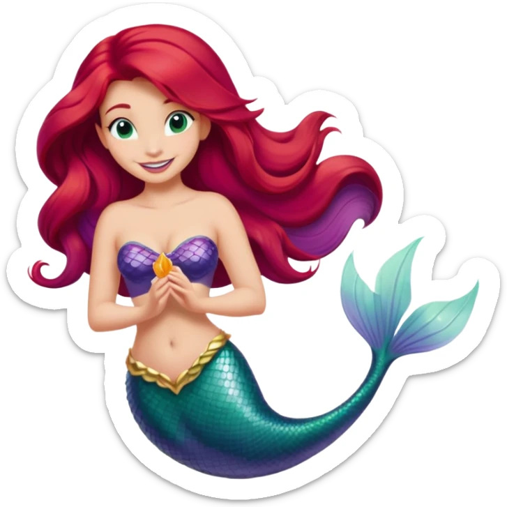 Disney Ariel mermaid with long red hair, green tail, and purple seashell top, smiling sticker