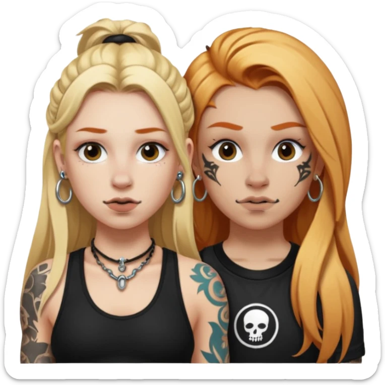 girl with long blonde hair, black tattoos and a septum piercing next to an athletic ginger girl a septum piercing sticker