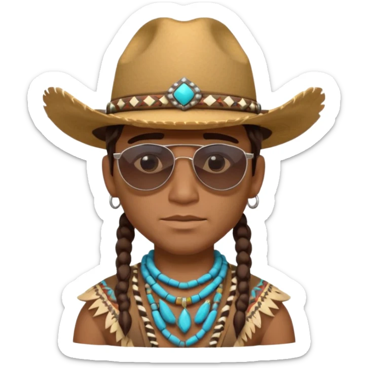 cute Indigenous tribal male portrait, head and shoulders only, cowboy hat, sunglasses, tribal jewelry, confident expression, 3D cartoon, mobile game icon style, clean background, no text, no watermark
 sticker