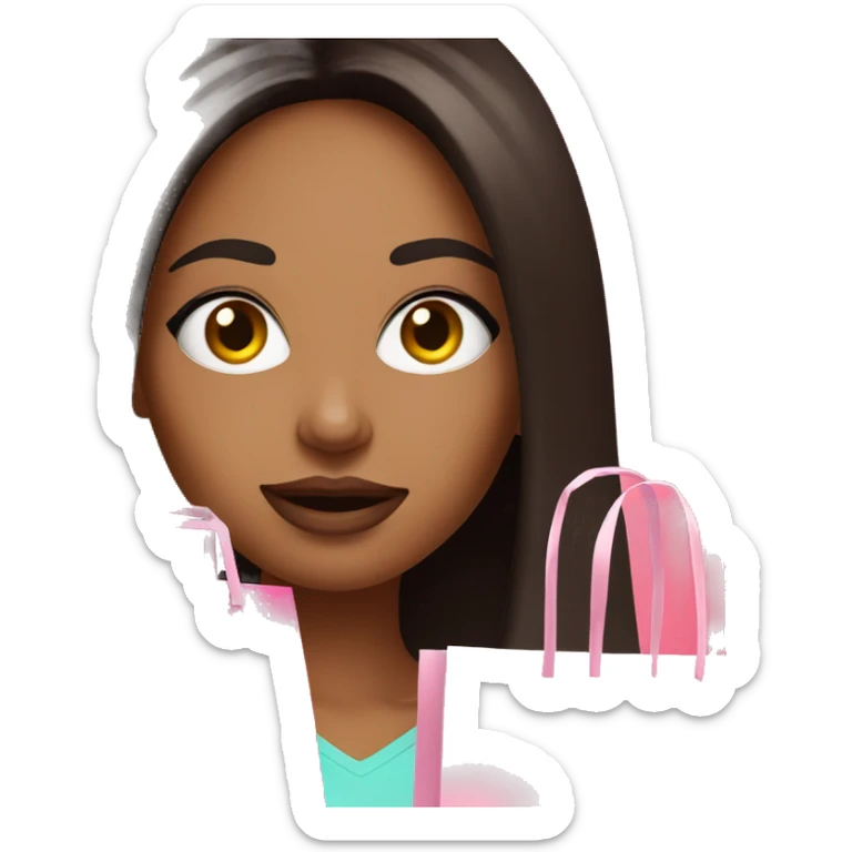 Brunette influencer woman taking selfie with a pink shopping bag sticker