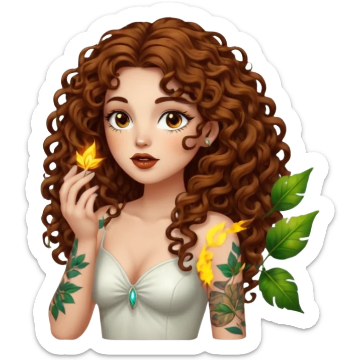 full body view of a woman with long curly brown hair, brown eyes, white skin, tattoos, blowing a glowing kiss made of leaves and sparks sticker