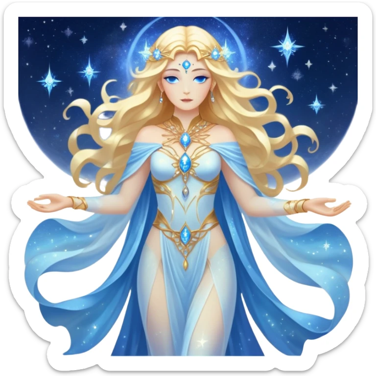 fullbody universe goddess Sophia, Ethereal Light Being, Made of starlight and fractals, Glowing white/gold skin with flowing translucent robes, Hair blue like galaxy mist, Jewelry made of stars and crystals sticker