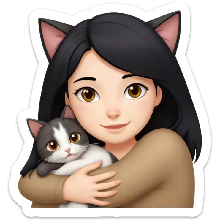 happy girl with black hair hugging three cats  (darle brown cat, full gray cat, brown calico cat) sticker