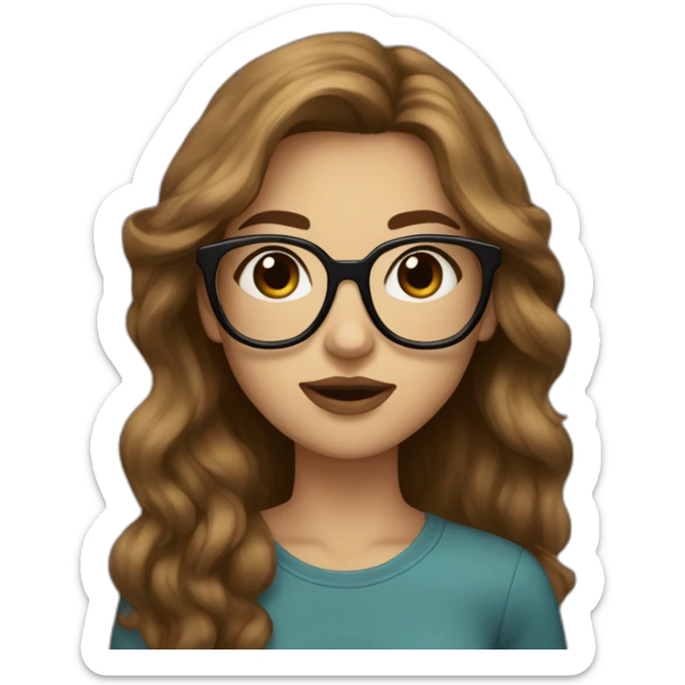 a teenager with brown  long hair black glasses feminine face big lips sticker