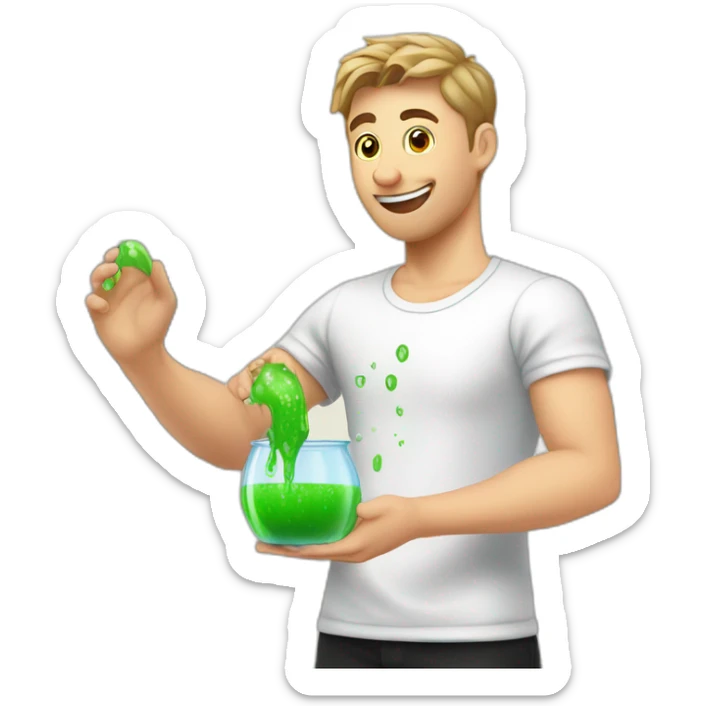 Slavic guy in a white T-shirt and black trousers holds a slime in his hands and washes the window sticker