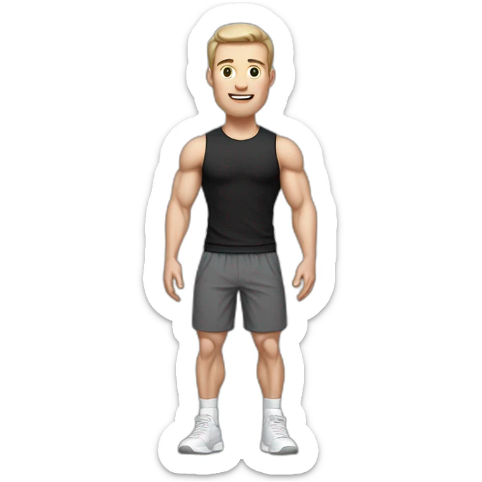 amazed Pale skinned Fit Man With the biceps and dark brown hair in black shirt, gray sports shorts and white Sneakers sticker