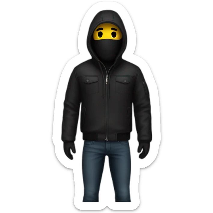A man standing in black jacket and black jeans. Full body shot. The man is wearing a ski mask with no mouth hole sticker