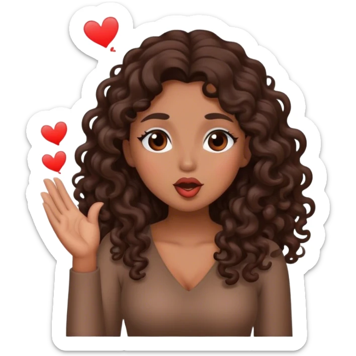 Brown woman with dark brown long curly hair blowing a kiss  sticker