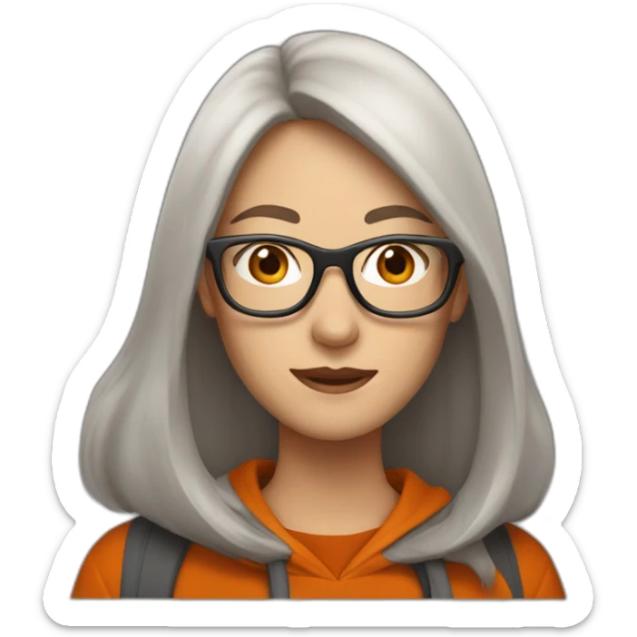 pale woman with glasses with long straight brown hair waving wearing a dark orange hoodie sticker
