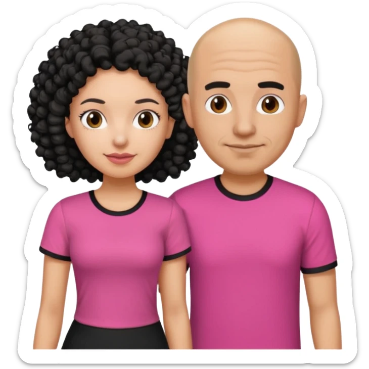 A picture if a couple, the man is a bald Mexican man with a black tee shirt on and the woman is mixed with black and white, with curly hair and a pink shirt on sticker