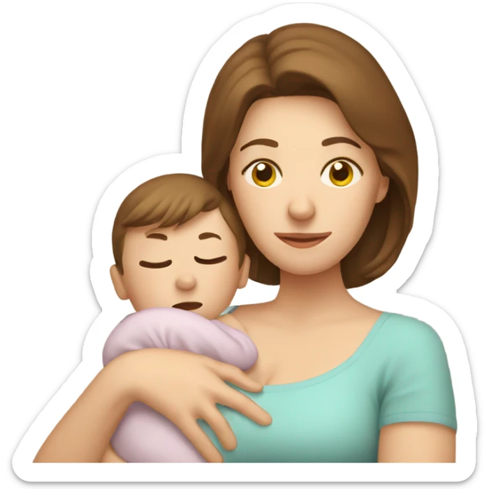  tired caucasian mother with brown hair holding newborn baby sticker