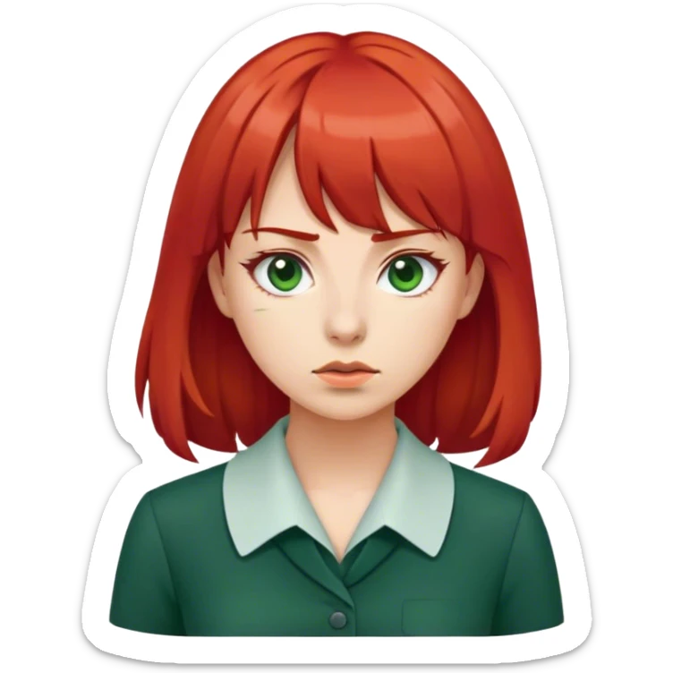 Woman with red bangs shoulder length hair wearing dark green work dress and press pass around neck  sticker