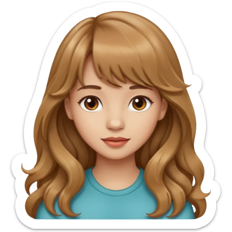 Please generate a portrait of a pretty girl with long, wavy, light brown hair and bangs. sticker