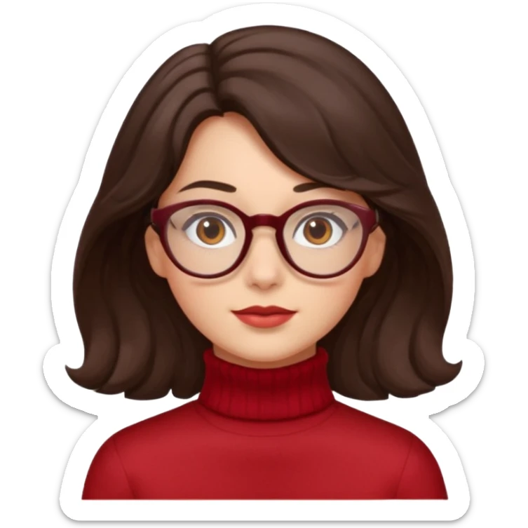 A girl has fair skin wavy dark brown hair, has glasses and almond brown eyes wears red turtle neck sticker