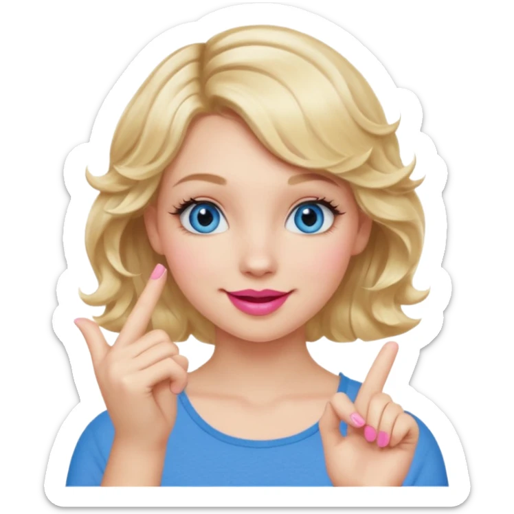 Girl Blonde short wavy hair,  blue eyes, cute blue top, long lashes, pink lips, smiling, hand over the mouth sticker