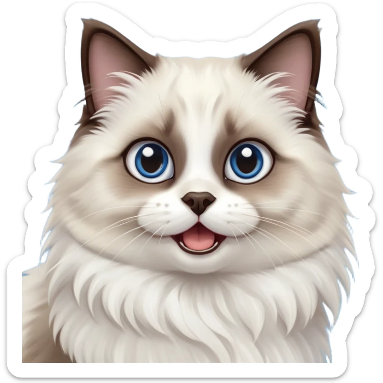 cinematic-adorable-big-eyed-fluffy-dark brown and white seal ragdoll-cat-portrait-emoji,-head-tilted-playfully-with-a-cute,-yawn,-soft-brown pointed seal-and white-colored-fur-with-darker-points-on-the-ears,-simplified-yet-irresistibly-cute-features, sparkling blue eyes sticker