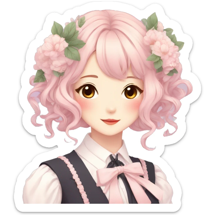 Gorgeous pastel anime style lady with blushing face and flowers and laces and bow ties and pretty hair aesthetic trending style sticker