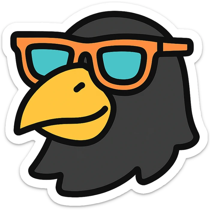 head of a black bird wearing sunglasses, fun and bold style, colorful lineal icon with black outlines sticker
