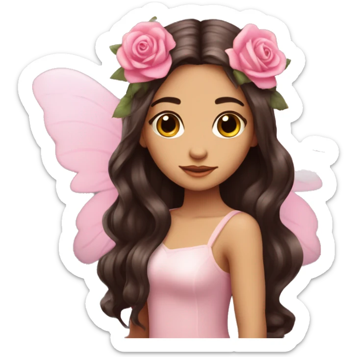 Beautiful, rose, fairy, pink, flowers in hair, long dark brown hair, big wings, fair skin sticker