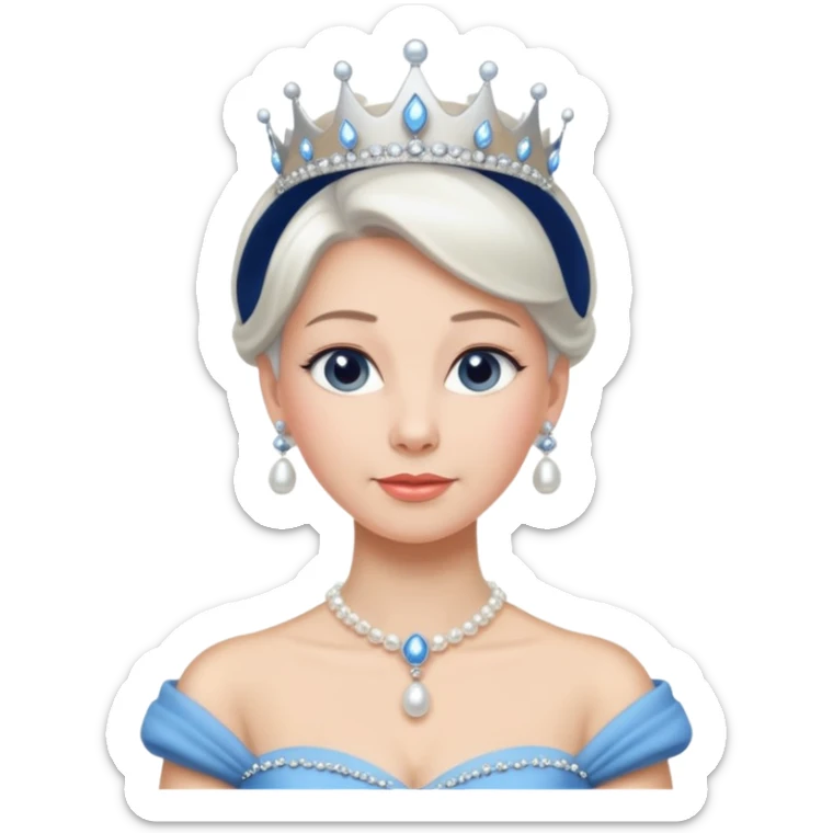 Queen with white bun hair – silver tiara, pearl necklace, elegant gown, blue dress sticker
