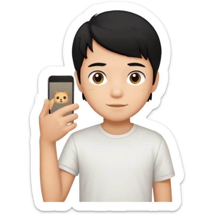 generate a pretty bratz emoji of a boy with black hair wearing a white tshirt and holding a cTCAT sticker