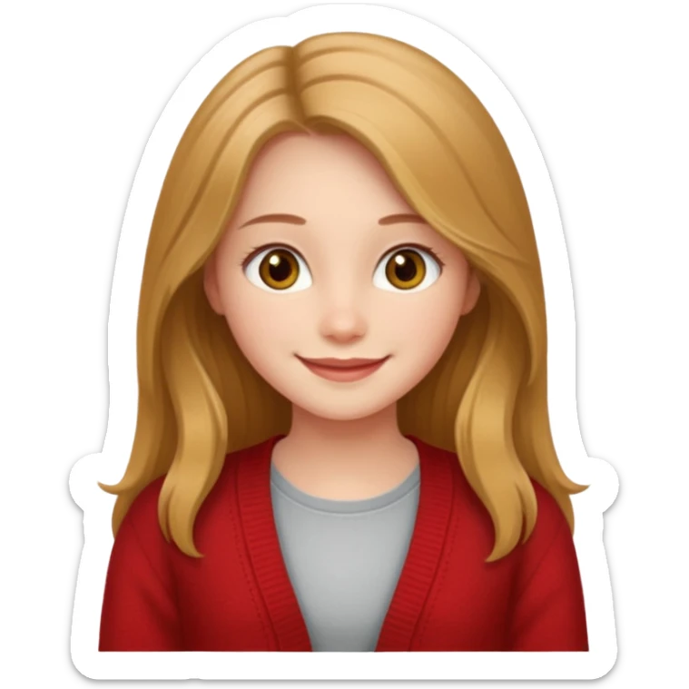 create a girl with hazel long hair, hazel eyes and beautiful smile, and red colour cardigan sticker