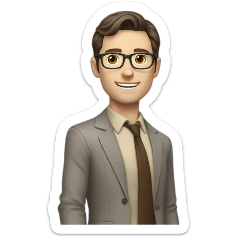Full height Pale skinned fit man with dark brown hair in gray jacket, beige office shirt, brown tie, brown pants and vintage glasses. His right hand stretched out sticker