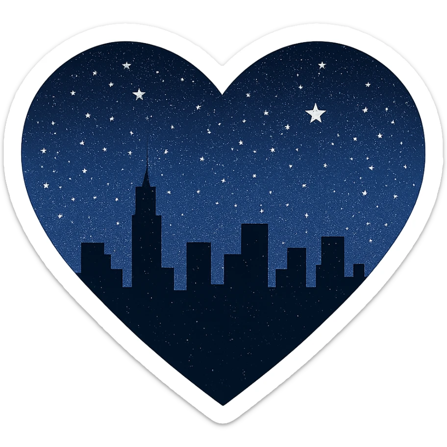 Add more stars to the heart with a city skyline at midnight, keep the starry sky above, no background. Maintain the style and starry sky of the original image. sticker
