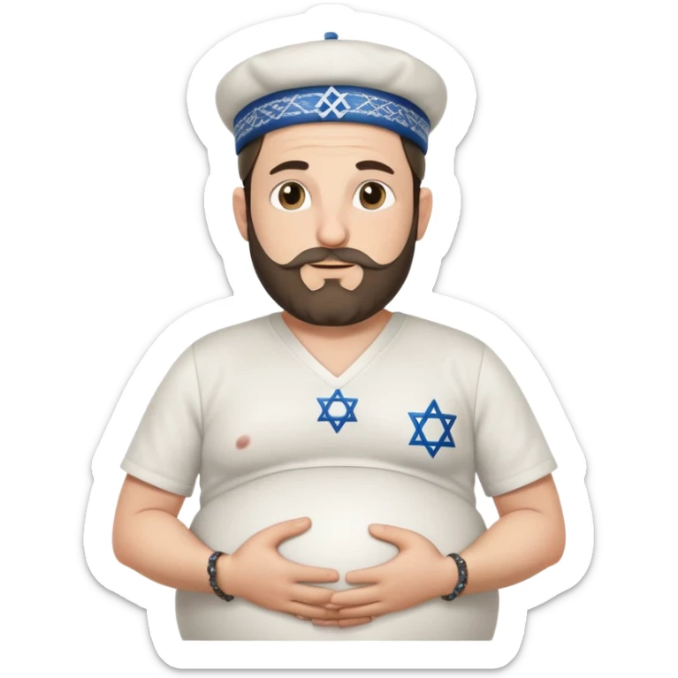 Pregnant Jewish man facing left with hands on belly, wearing a kippah and Star of David necklace, with facial hair sticker