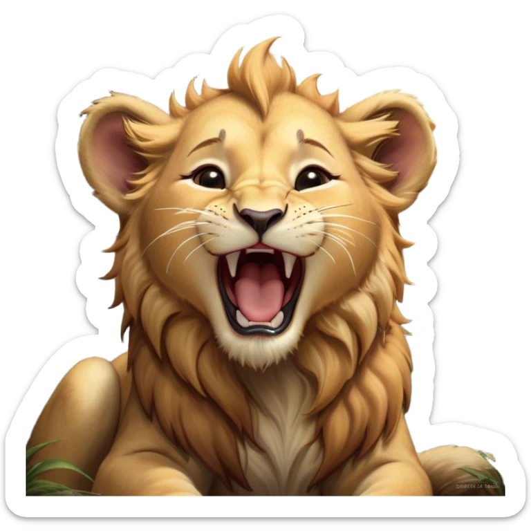 Cinematic Cute Yawning Lion Cub Portrait Emoji, Head tilted slightly with a dramatic, wide-open yawn, showcasing a soft, downy tawny Fur with a majestic mane, floppy ears slightly drooping, round amber eyes barely open in drowsy contentment, Simplified yet irresistibly adorable features, highly detailed, glowing with a soft, cozy glow, high shine, relaxed yet expressive, stylized with a touch of savannah whimsy, bright and endearing, soft glowing outline, capturing the essence of a sleepy yet affectionate Lion Cub, so drowsy it feels like it could stretch out of the screen and curl up for a nap! sticker