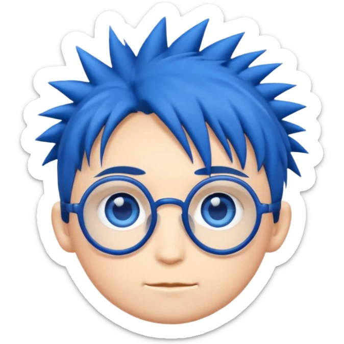 emoji style illustration of a chibi head inspired by
1,
big blue eyes, round glasses,
spiky dark blue hair,
cute flat emoji style,
simple clean lines,
white background,
high quality,
only head, no body sticker